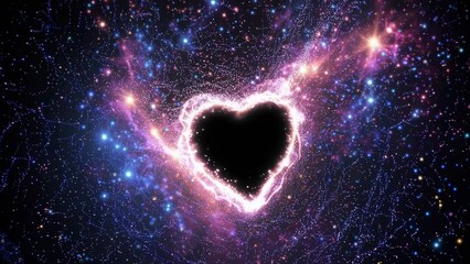 Wall Mural - bright pink and purple nebulae swirling with stardust embrace a heart-shaped black hole, crafting a 