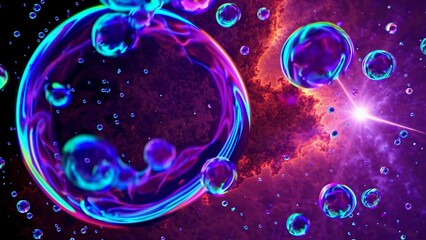 Wall Mural - colorful soap bubbles are floating in a cosmic background with bright beams of light passing through