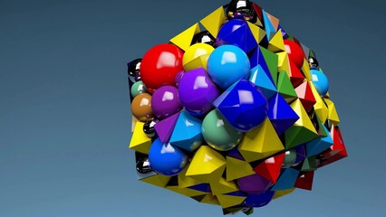 Wall Mural - abstract cube structure forming with colorful spheres and pyramids, symbolizing creativity, design, 