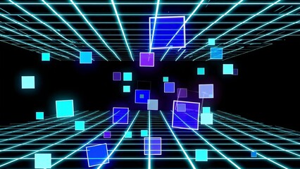 Wall Mural - bright neon cubes are floating and rotating in a dark cyberspace grid, creating a futuristic and tec