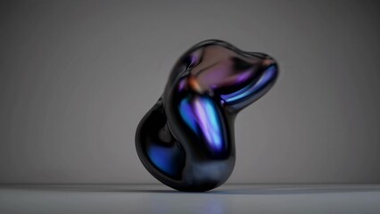 Wall Mural - single, iridescent, morphing fluid shape balances delicately on a neutral surface, showcasing an int
