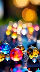 Wall Mural - refractive spheres with vibrant colors creating a bokeh effect on a dark textured surface with water