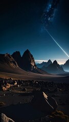Wall Mural - dramatic landscape with mountains and shooting star under a starry night sky and rocks scattered on 