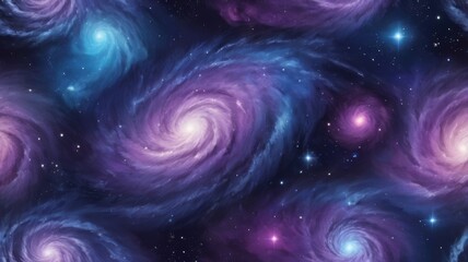 illustration of spiral galaxies swirl in a vibrant cosmic dance across the night sky