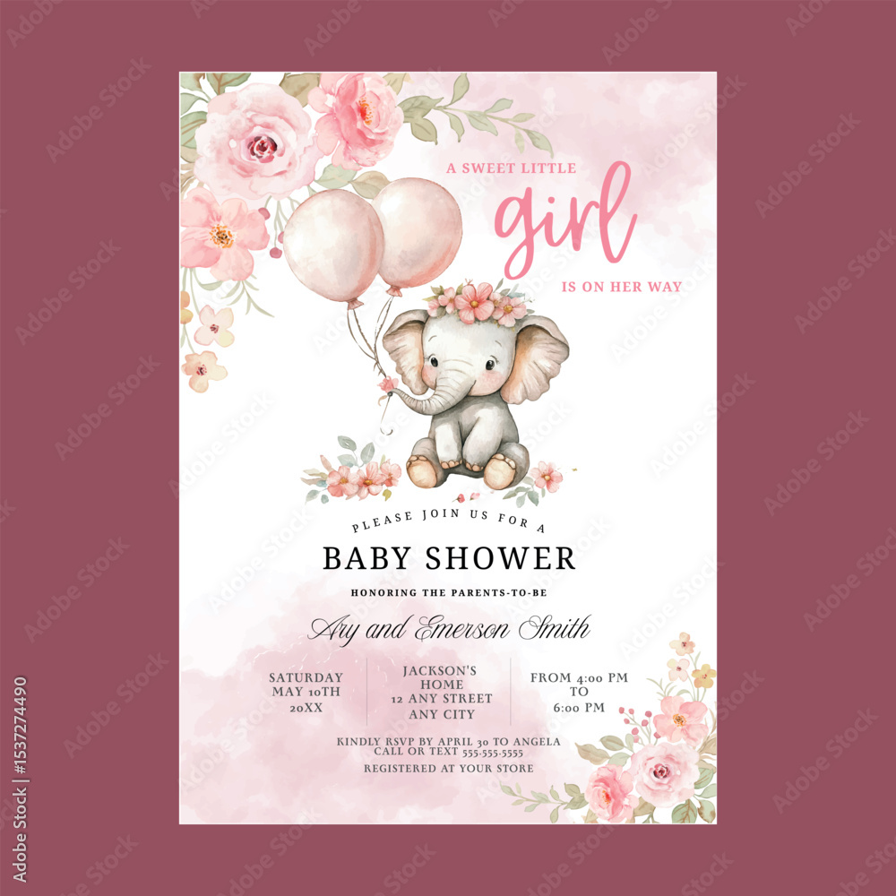 Blush Pink Floral Cute Elephant Baby Shower Invitation Stock Vector ...