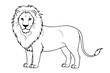© Natalia - Black and white outline drawing of a majestic lion with a thick mane, standing in profile on a white background. Coloring for children