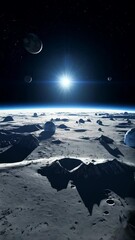 Wall Mural - Dramatic space landscape with craters and celestial objects in the distance, bathed in bright cosmic light and a blue horizon atmosphere.