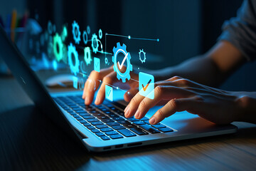 a person working on a laptop with digital gear icons indicating project completion