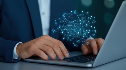Professional hands typing on laptop while digital brain network illustration floats above in modern office setting