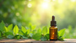 © Aira - Essential oil bottle surrounded by fresh green leaves in nature
