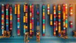 © somsri - Aerial view of cargo containers arranged in rows at a busy shipping yard, symmetry and order