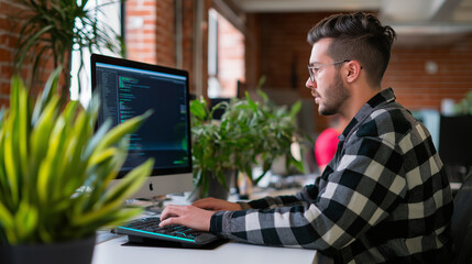 a young male programmer is intensely focused on coding, sitting at a desk with multiple monitors dis