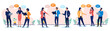 © Knut - Businesspeople talking collection -  Diverse groups of professional people communicating and interacting, with speech bubbles representing various conversations and discussions. Flat design vector