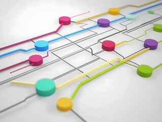 a colorful abstract representation of a technological network with interconnected nodes, illustratin