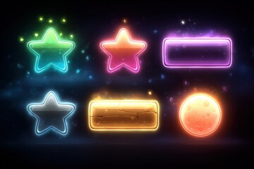 Wall Mural - colorful neon shapes glowing in dark space with stars and a moon at night