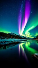 vibrant aurora borealis reflections over tranquil winter river landscape with snow-covered rocks, fo