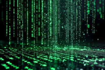 green digital rain of binary code descending onto a surface. abstract technology background.