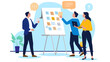 © Knut - Team of business professionals brainstorming and planning ideas on a whiteboard with sticky notes, surrounded by speech bubbles and a question mark. Flat design vector illustration