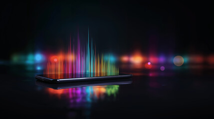 Wall Mural - colorful holographic light waves emerging from smartphone screen on black background.