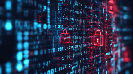Cyber Data.Cyber security internet and networking.Padlock icons on binary code backgroundData protection privacy concept.