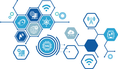 Wall Mural - 5G banner web icon for business and technology, speed, signal, network, technology, big data, icons.