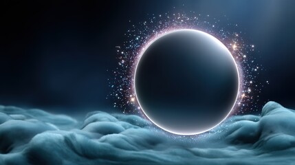 Wall Mural - a large, glowing, black sphere is floating in the air above a body of water