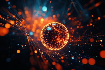 Wall Mural - A glowing orb of orange light surrounded by bokeh and lines in a dark abstract scene