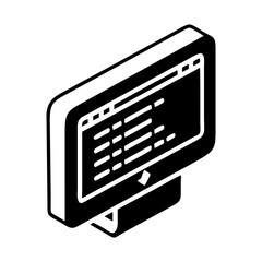 isometric view of a computer monitor displaying a code like interface silhouette vector