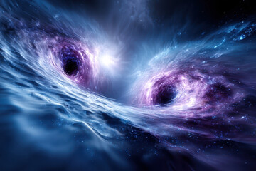 Wall Mural - Cosmic dance of two black holes colliding in deep space shows swirling gases and star formations
