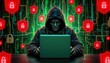 © อารียา วงษ์พัฒน์ - a cybersecurity theme, featuring a person wearing a mask and using a laptop. they are surrounded by digital lock graphic representations, suggesting themes of hacking or cyber threats.