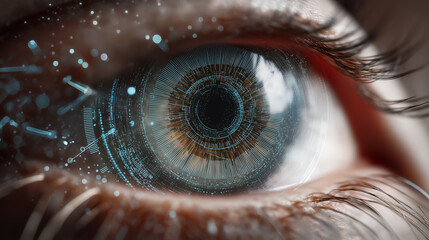 Wall Mural - a mesmerizing close-up of a brown human eye with glowing digital particles and lines, symbolizing ad