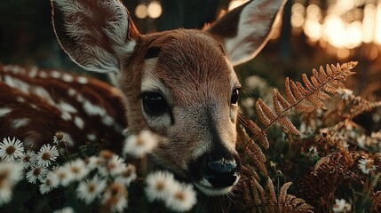 Canvas Print -   A detailed image of a deer surrounded by an array of blossoms and distant trees
