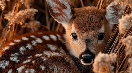 Canvas Print -   A close-up photo of a baby deer lying sideways amidst tall grass