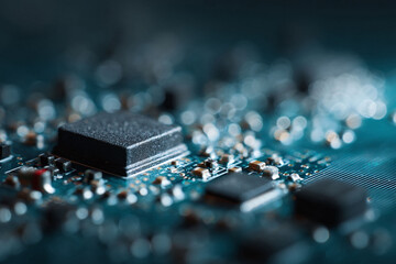 Wall Mural - detailed macro shot of a circuit board with integrated chips. illustrates technology, connectivity, 