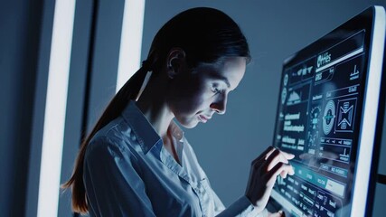 Scientist working on futuristic touchscreen computer interface