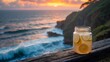 © Tina - Lemonade in glass jar with ocean waves and sunset backdrop