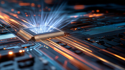 Wall Mural - a glowing microprocessor emits bursts of light on a circuit board, symbolizing advanced technology a