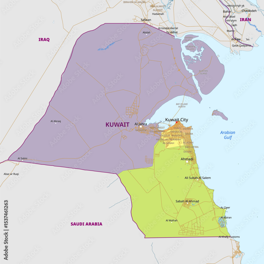 Detailed political map of Kuwait Stock Vector | Adobe Stock
