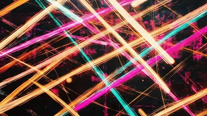 Wall Mural - abstract animation with intersecting, bright lines of orange, pink, and teal on a dark background, s
