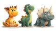 © mila103 - Three cheerful cartoon dinosaurs are sitting side by side, showcasing bright colors and friendly features. They exude a playful vibe, appealing to a young audience.