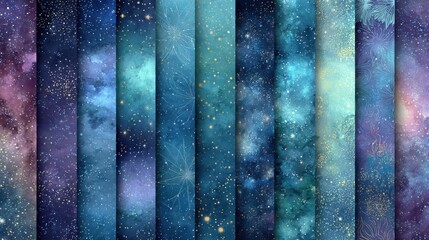 Wall Mural - a series of blue and purple images of space with stars and galaxies. the images are arranged in a gr