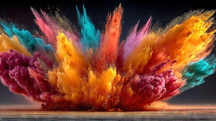 Wall Mural - a vibrant blast of colored dust soars above a tranquil water body against a dark backdrop