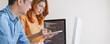 © Urbanscape - Asian male, female programming developer work together at home office, brainstorm discussion. Information technology, software engineer programmer coding job, man woman coworker teamwork. Copy space