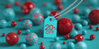 © Mirivox - Teal and red textured spheres surround a turquoise tag on a silver chain, displaying '20% OFF', suggesting a sale or discount offer