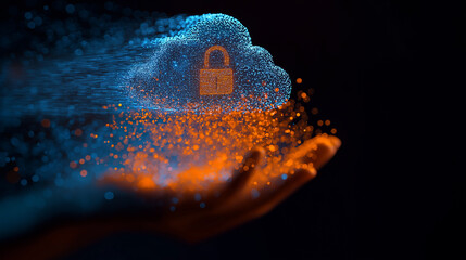 Wall Mural - human hand holding a glowing cloud of digital particles representing cloud computing and data transf