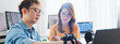 © Urbanscape - Asian male, female programming developer work together at home office, coding robotic arm machine. Information technology, software engineer programmer job, man woman coworker teamwork. Copy space