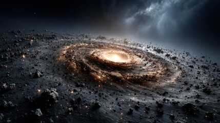 Wall Mural - a stunning cosmic spiral galaxy glows luminously at its center, surrounded by swirling cosmic dust a