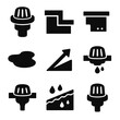 © Galina - Flat Roof Drainage Icons. Solid style icons of flat roof drainage: internal drain, scupper outlet, gravel stop, drain bowl,