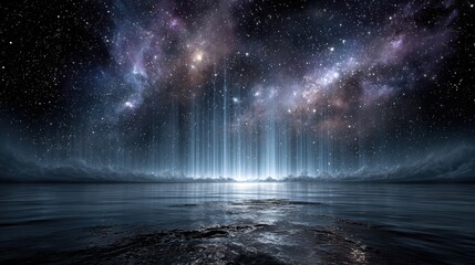 Wall Mural - Stars sparkle against a dark sky, while waves effortlessly lap at rocks. A stunning cosmic display fills the horizon with vibrant colors, creating a serene atmosphere at night.