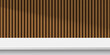 © backup16 - Modern counter background. Minimalistic white podium with clean surface and vertical dark wooden wall with soft diagonal shadow. Elegant scene for product display. Vector illustration.
